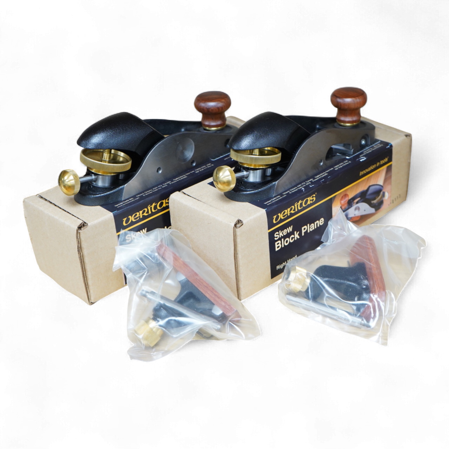 A pair of boxed Veritas Tools skew block planes (left hand and right hand) with paperwork (05P 77.01 and 05P76.01)